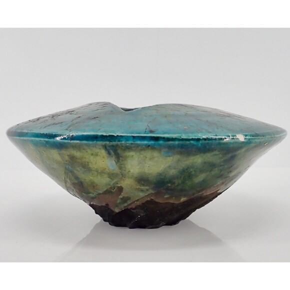 Turquoise Blue Signed Raku Sculpture Pottery Vase Bowl Iridescent Drip Glaze 8" - Picture 5 of 16